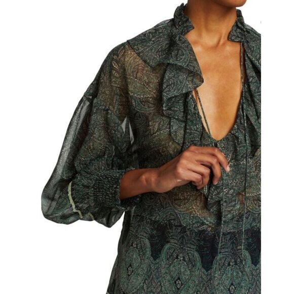 ALICE + OLIVIA Julius Ruffle Blouson-Sleeve Tunic Top in Bohemia Multi NWT Size - Picture 4 of 9